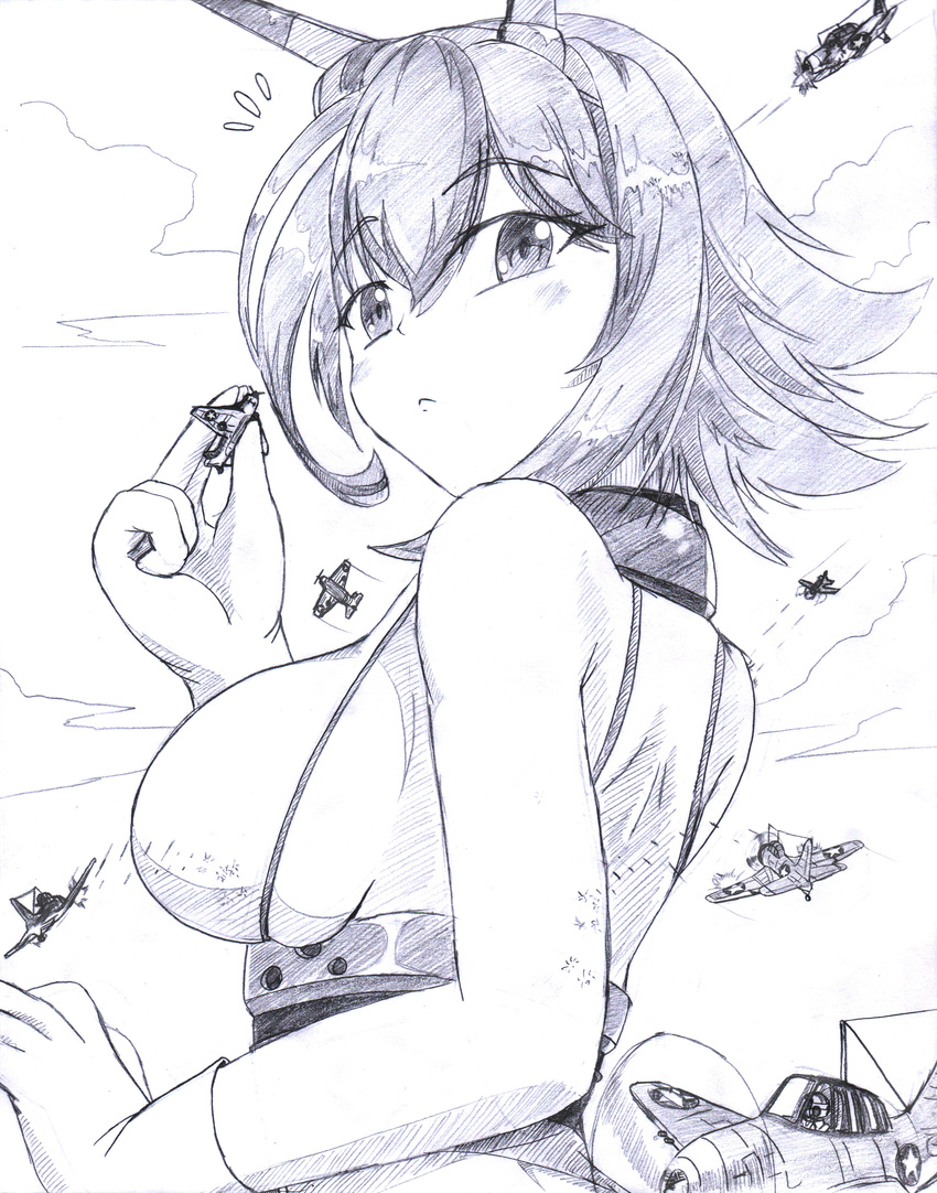 1girl absurdres aircraft airplane bare_shoulders blush breasts collar commentary english_commentary flying_sweatdrops from_behind giantess greyscale hank88 highres holding kantai_collection large_breasts looking_at_viewer looking_back monochrome mutsu_(kantai_collection) short_hair sideboob solo_focus surprised underbust