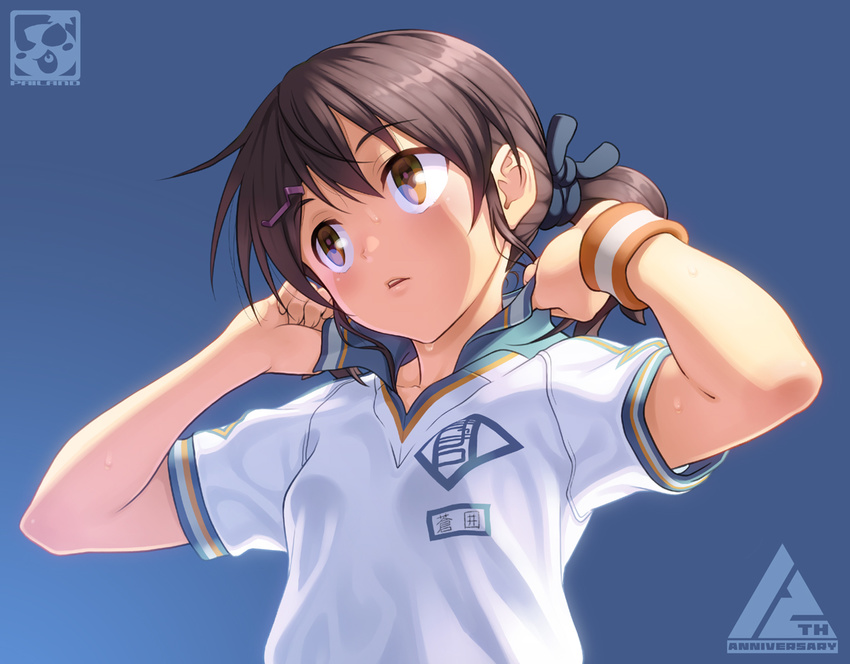 aoi_sora_(pairan) blush brown_eyes brown_hair hair_ornament hair_ribbon hairclip long_hair open_mouth original pairan polo_shirt popped_collar ribbon shirt solo twintails white_shirt wristband