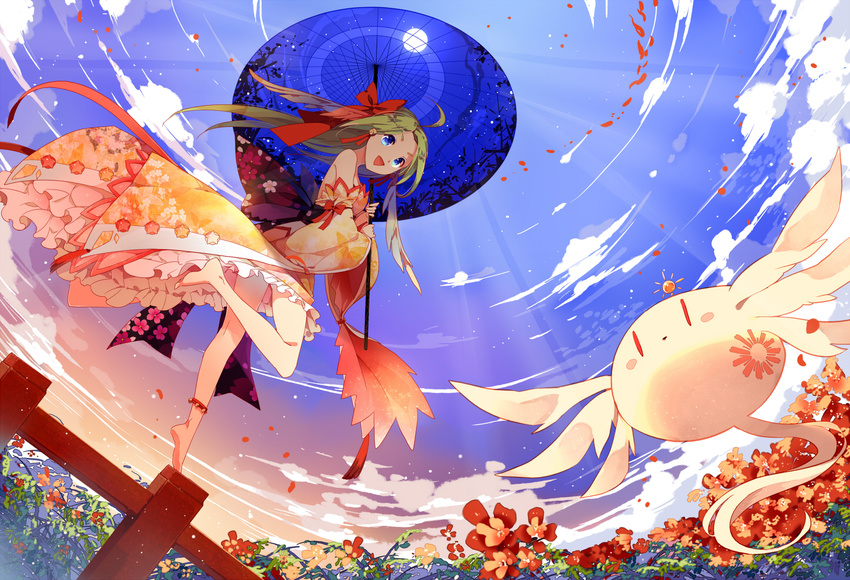 blue_eyes clouds dress flowers green_hair original sky umbrella yetworldview_kaze