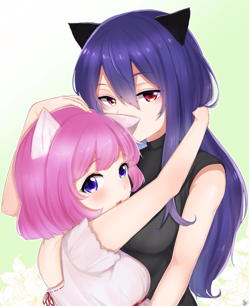 animal_ears black_shirt breasts fang hair_between_eyes hand_in_another's_hair hand_on_another's_head highres long_hair medium_breasts mizuiro_32 multiple_girls open_mouth original pink_hair purple_eyes red_eyes ribbon_trim shirt short_sleeves sleeveless sleeveless_shirt very_long_hair