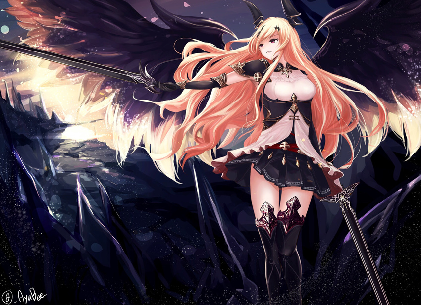 armor ayubee dark_angel_olivia horns shingeki_no_bahamut signed sword thighhighs wings