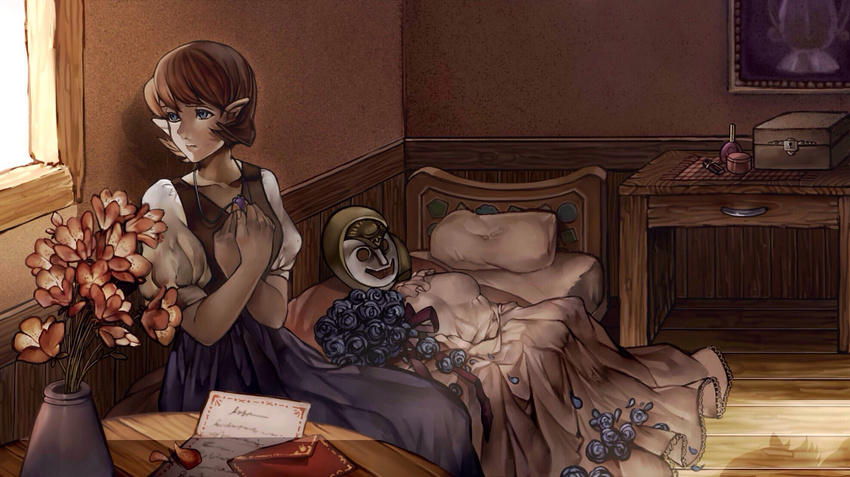 anju blue_eyes blue_flower blue_rose bouquet box dress flower highres indoors jewelry letter long_skirt mask neaze necklace on_bed pillow pointy_ears puffy_sleeves red_hair rose sitting sitting_on_bed skirt solo the_legend_of_zelda the_legend_of_zelda:_majora's_mask vase wedding_dress