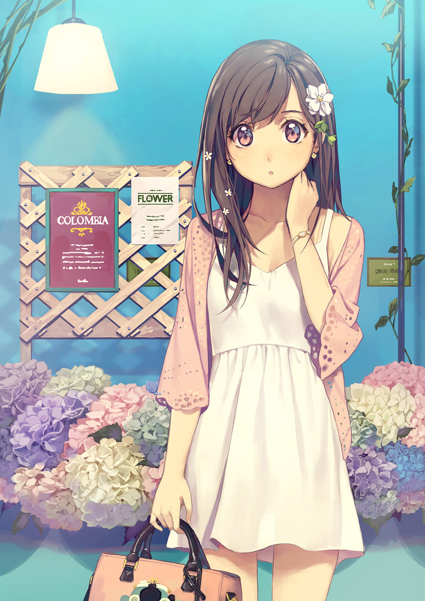 bag bracelet breasts brown_eyes brown_hair collarbone cowboy_shot dress earrings flower flower_earrings hair_flower hair_ornament handbag highres jewelry lamp long_hair looking_at_viewer open_mouth original small_breasts solo standing white_dress yohan12