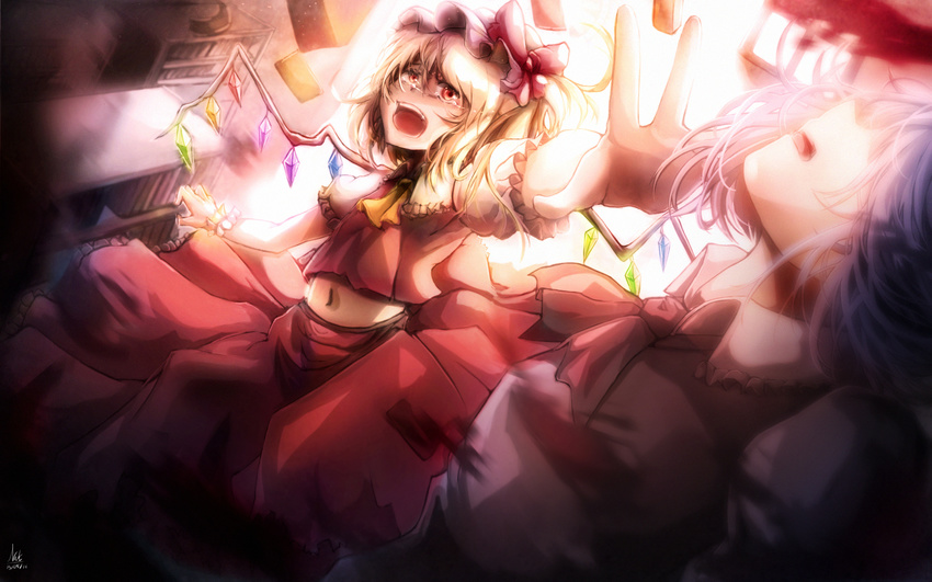 backlighting bangs blonde_hair blue_hair blurry book bookshelf bow card cravat crying crying_with_eyes_open crystal depth_of_field flandre_scarlet floating_card flying frilled_sleeves frills from_above hair_between_eyes hat head_out_of_frame highres mob_cap motion_blur multiple_girls nakatokung navel one_side_up open_mouth outstretched_arm outstretched_arms puffy_short_sleeves puffy_sleeves reaching red_bow red_eyes red_skirt red_vest remilia_scarlet short_sleeves siblings signature sisters skirt skirt_set solo_focus stomach tears touhou unconscious vampire vest wallpaper wings wrist_cuffs