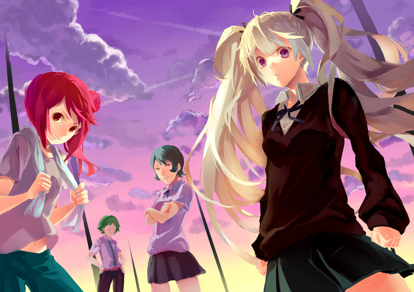 3girls absurdres blue_hair cardigan clenched_hands condensation_trail crossed_arms d-frag! green_hair grin hair_bun hands_on_hips highres kurenai907 matsubara_azuma multiple_girls naganuma neck_ribbon necktie purple_eyes red_eyes red_hair ribbon sakai_tama scowl shinsen_(d-frag!) silver_hair sky smile smirk star_(sky) starry_sky towel towel_around_neck twilight twintails wing_collar