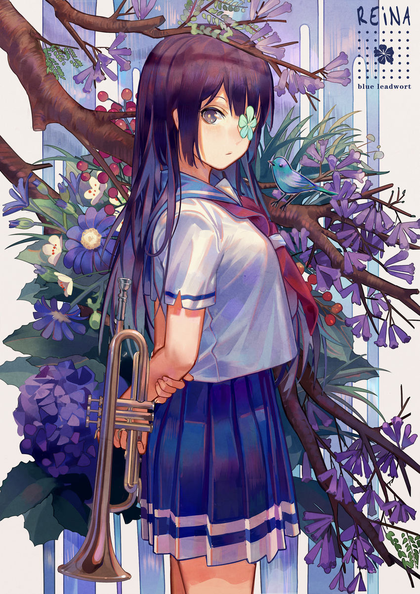 animal arms_behind_back bangs bird birthday black_hair blouse blue_flower blue_skirt brown_hair bush character_name closed_mouth cowboy_shot expressionless eyepatch flower flower_eyepatch food from_side fruit hand_on_own_arm hibike!_euphonium highres holding holding_arm hydrangea instrument kousaka_reina leaf long_hair looking_at_viewer looking_to_the_side miniskirt neckerchief norizc one_eye_covered plant pleated_skirt purple_eyes purple_flower purple_hair raspberry red_neckwear sailor_collar school_uniform serafuku shirt short_sleeves silver_hair skirt solo standing tree tree_branch trumpet white_blouse white_flower white_shirt