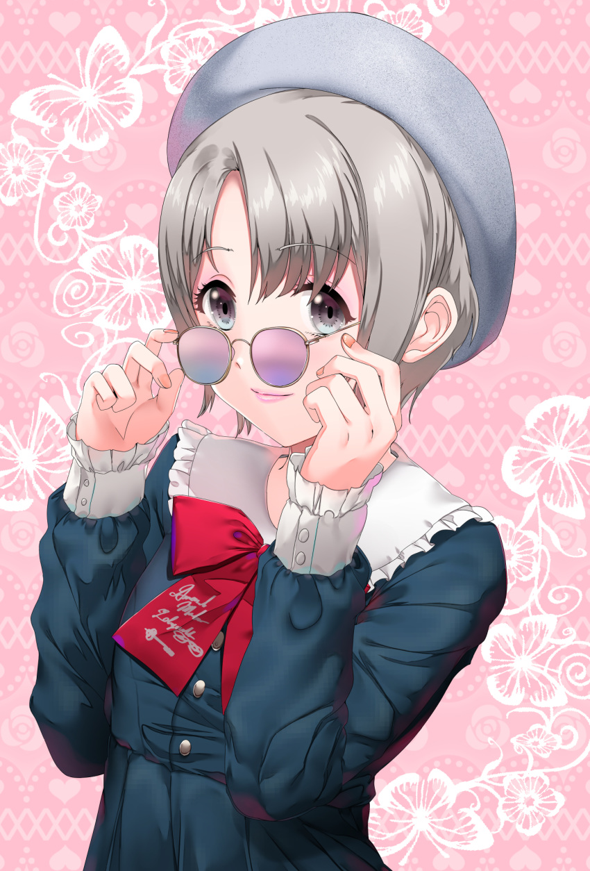 adjusting_eyewear bangs beret blue_dress blue_eyes blue_hat blush bow bowtie closed_mouth dress eyebrows_visible_through_hair floral_background frilled_shirt_collar frilled_sleeves frills grey_hair hands_up hat heart highres idolmaster idolmaster_cinderella_girls looking_at_viewer looking_back maou(demonlord) nail_polish otokura_yuuki parted_bangs patterned_background pink_background pink_lips purple-tinted_eyewear red_bow red_nails red_neckwear short_hair smile sunglasses tareme upper_body white-framed_eyewear