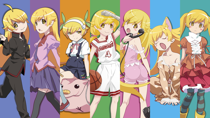 absurdres ahoge animal_ears araragi_koyomi araragi_koyomi_(cosplay) backpack bag bakemonogatari bandaged_arm bandages bandaid bandaid_on_knee basketball basketball_uniform black_hanekawa black_legwear blonde_hair blush_stickers boots cat_ears chuunie closed_eyes collaboration collarbone column_lineup commentary cosplay daul defangus dekodere dress eyebrows_visible_through_hair fang frown gakuran hachikuji_mayoi hachikuji_mayoi_(cosplay) hairband hanekawa_tsubasa hanekawa_tsubasa_(cosplay) highres holding holding_phone juliet_sleeves kanbaru_suruga kanbaru_suruga_(cosplay) long_hair long_sleeves looking_at_viewer monogatari_(series) multicolored multicolored_background multiple_girls nakkinya navel nisemonogatari off_shoulder ononoki_yotsugi ononoki_yotsugi_(cosplay) open_mouth oshino_shinobu pajamas phluxxor phone pleated_skirt puffy_sleeves purple_skirt school_uniform sengoku_nadeko sengoku_nadeko_(cosplay) senjougahara_hitagi senjougahara_hitagi_(cosplay) sitting skirt smile sportswear standing strap_slip striped striped_legwear thighhighs twintails vector_trace very_long_hair yellow_eyes