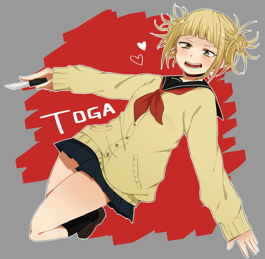 absurdres asamikan082 bangs blonde_hair blunt_bangs blush boku_no_hero_academia cardigan character_name double_buns english fangs full_body heart highres knife messy_hair open_mouth school_uniform serafuku skirt solo toga_himiko weapon yellow_eyes