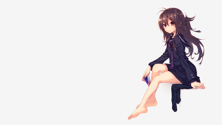 barefoot brown_eyes brown_hair drink gray long_hair photoshop seifuku stockings tagme_(artist) tagme_(character) tie waifu2x