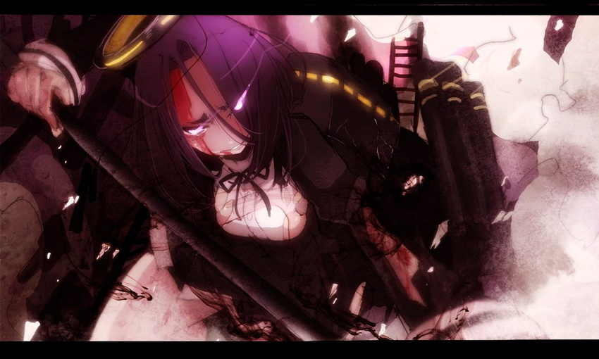 blood blood_on_face breasts commentary_request gloves glowing glowing_eyes hair_over_one_eye injury kantai_collection large_breasts mechanical_halo purple_eyes purple_hair short_eyebrows short_hair smirk solo tansuke tatsuta_(kantai_collection) torn_clothes weapon