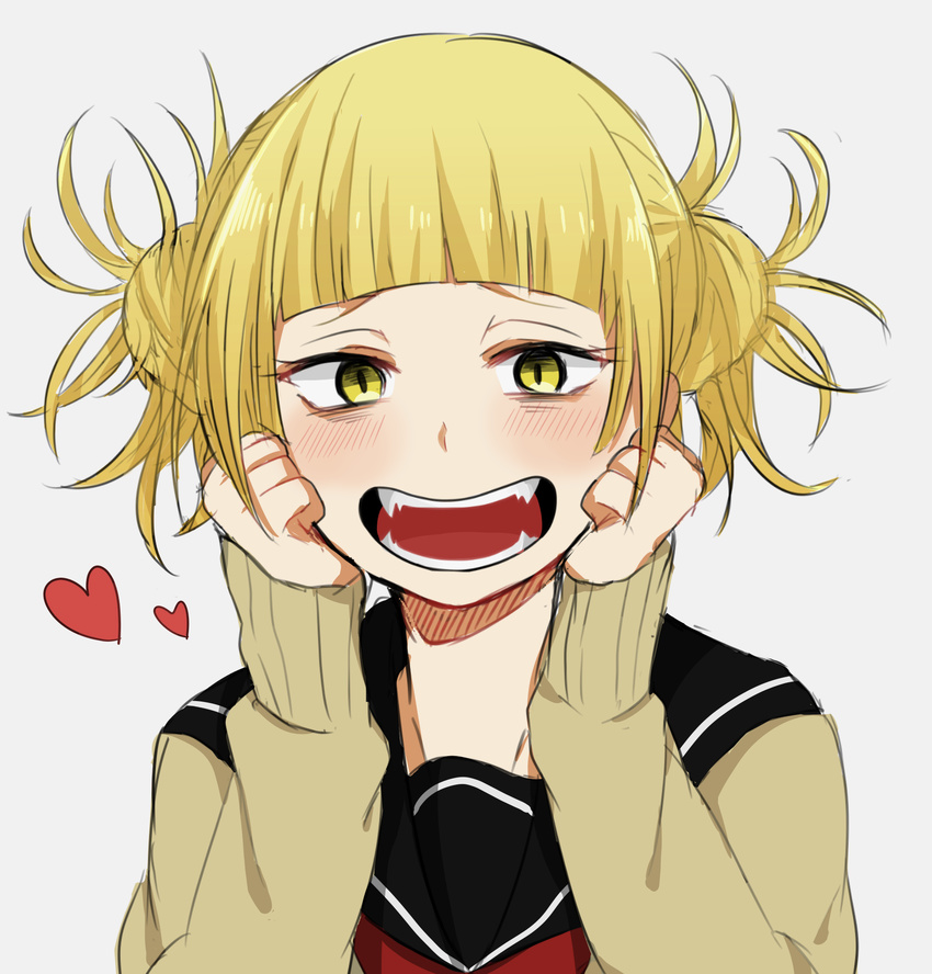 asamikan082 bangs blonde_hair blunt_bangs blush boku_no_hero_academia cardigan double_buns fangs heart highres messy_hair open_mouth portrait school_uniform serafuku solo toga_himiko yellow_eyes