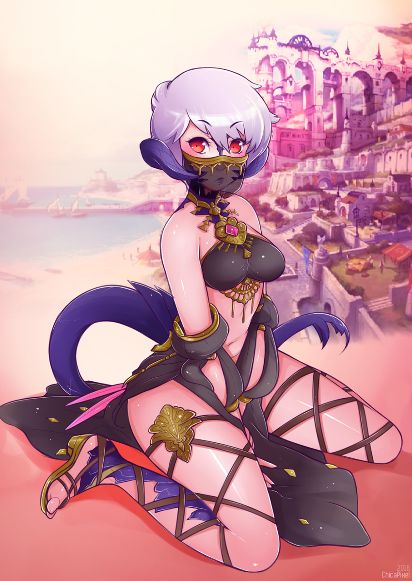 au_ra breasts chicapixel final_fantasy final_fantasy_xiv horns lavender_hair looking_at_viewer navel red_eyes short_hair solo stomach tail veil wariza
