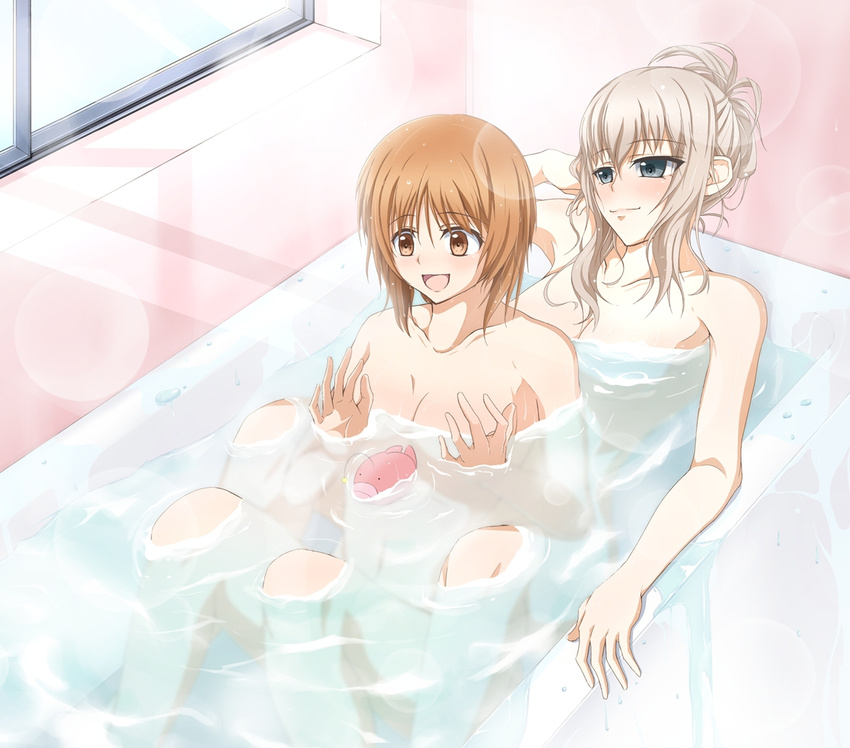 bad_id bad_pixiv_id bathing bathtub between_legs blush breasts brown_eyes brown_hair cleavage girls_und_panzer grey_eyes itsumi_erika kueru_(qwelone) large_breasts medium_breasts multiple_girls nishizumi_miho nude partially_submerged quality shared_bathing silver_hair smile steam