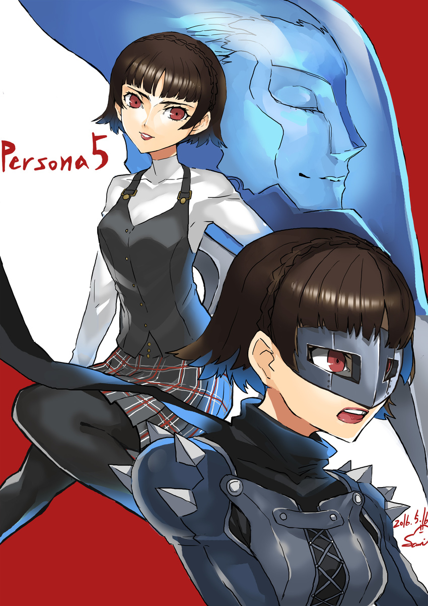 absurdres armor braid brown_hair crown_braid highres joanna_(persona_5) mask multiple_views niijima_makoto pantyhose persona persona_5 red_eyes samidare_satsuki short_hair shuujin_academy_uniform skirt