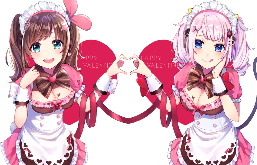 2girls a.i._channel bow breasts brown_hair cleavage dress green_eyes kaguya_luna kaguya_luna_(character) kizuna_a.i. maid pink_hair ribbons tagme_(artist) twintails