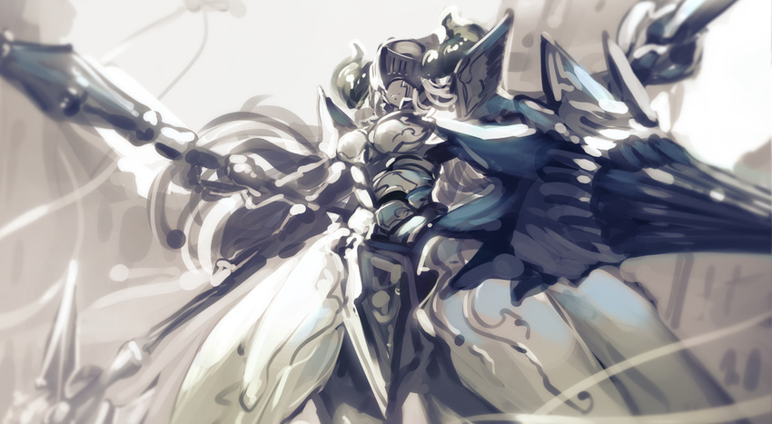 armor armored_dress axe banned_artist chevalier_(granblue_fantasy) extra_arms granblue_fantasy helmet holding holding_weapon horns long_hair multiple_arms paseri polearm solo spear weapon