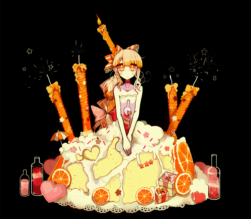 bangs bare_shoulders black_background blonde_hair blunt_bangs blush bottle bow box cake candle collar collarbone dress food freckles fruit gift gift_box hair_bow hands_together heart highres lace lace-trimmed_dress long_hair orange orange_eyes orange_slice original personification sidelocks simple_background sitting solo star tera umbrella very_long_hair