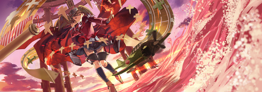 aircraft airplane bangs black_legwear black_skirt brown_hair carrying_over_shoulder closed_mouth cloud dutch_angle fire flat_chest floating_hair from_below fujita_(condor) highres japanese_clothes kantai_collection kneehighs leaf leaf_print lens_flare long_hair long_sleeves looking_at_viewer magatama magic maple_leaf miniskirt motion_blur onmyouji outdoors platform_footwear pleated_skirt red_eyes ryuujou_(kantai_collection) scroll shade shikigami shirt shirt_lift skirt skirt_lift sky smile solo standing standing_on_one_leg striped sun suspender_skirt suspenders swept_bangs torii twilight twintails upshirt visor_cap water waves white_shirt