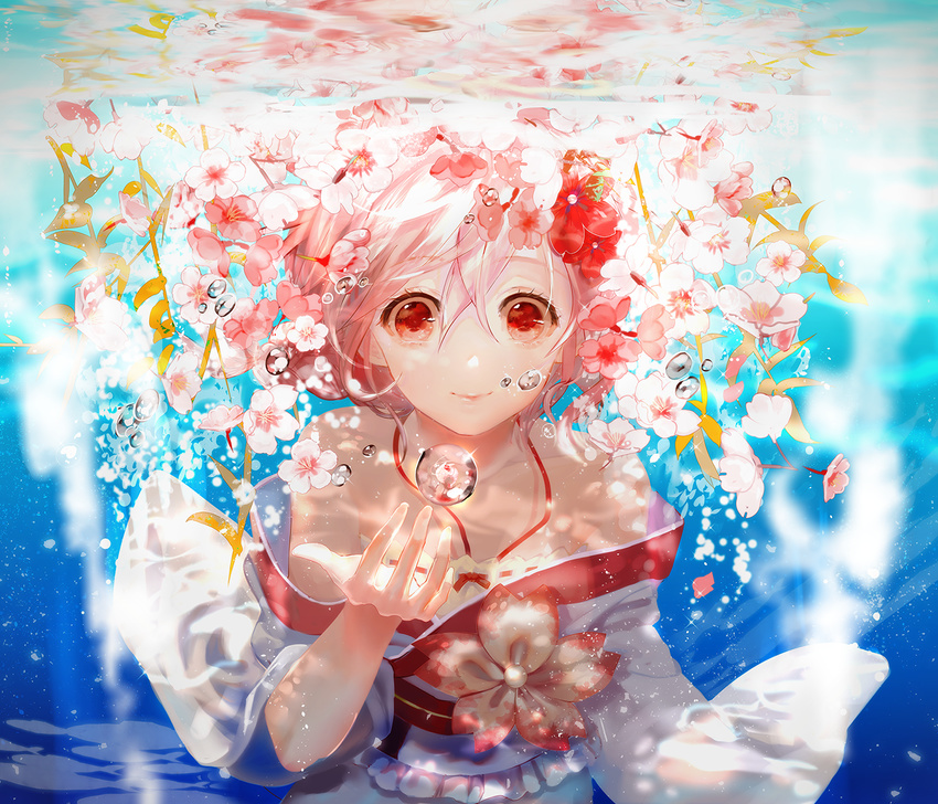 air_bubble bangs bare_shoulders blush braid bubble cherry_blossoms closed_mouth dappled_sunlight eyebrows eyebrows_visible_through_hair eyelashes flower frills hair_between_eyes hair_flower hair_ornament halterneck japanese_clothes kimono leaf long_hair long_sleeves looking_at_viewer obi off_shoulder pink_flower pink_hair reaching red_eyes red_flower red_ribbon ribbon ribbon_trim sash say_hana sergestid_shrimp_in_tungkang solo sunlight underwater upper_body water wide_sleeves xuan_ying