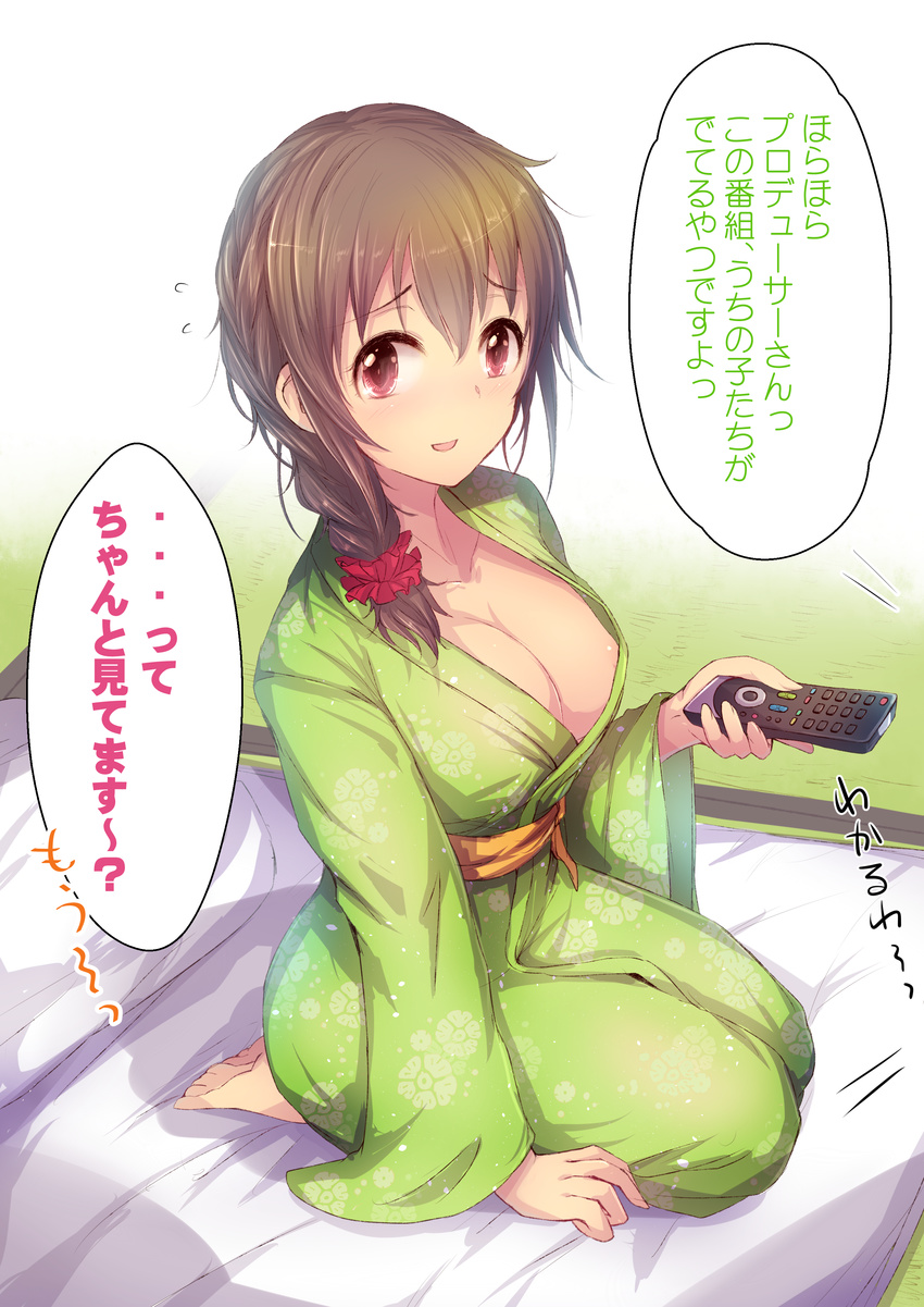 absurdres areola_slip areolae arm_support barefoot braid breasts brown_hair cleavage collarbone controller floral_print flying_sweatdrops hair_over_shoulder highres idolmaster idolmaster_cinderella_girls japanese_clothes kara_(color) large_breasts looking_at_viewer obi open_mouth red_eyes remote_control sash seiza senkawa_chihiro single_braid sitting solo tatami translation_request