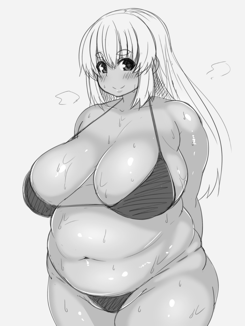 arms_behind_back bikini blush breasts fat female huge_breasts long_hair looking_at_viewer monochrome navel original plump sanagimaru7974 simple_background smile solo standing sweat swimsuit tensai427 thick_eyebrows white_background