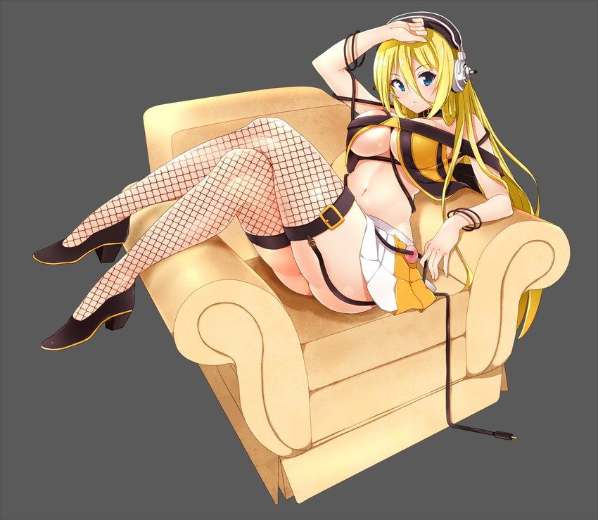 :&lt; arm_up armchair ass bare_shoulders belt between_breasts black_footwear blonde_hair blue_eyes blush breasts buckle cable chair cleavage closed_mouth collar crop_top crop_top_overhang crossed_legs fishnet_legwear fishnets full_body garter_straps grey_background groin hair_between_eyes hand_on_own_head headphones high_heels highres large_breasts leaning_back lily_(vocaloid) long_hair midriff navel off_shoulder pinup revealing_clothes shoes shuuhei_(shoohey) simple_background sitting sitting_sideways skirt solo stomach thighhighs unplugged very_long_hair vocaloid