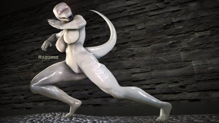 2019 3d_(artwork) angry anthro breasts claws clitoris digital_media_(artwork) feet female fingers glowing hi_res invalid_tag lewd_(disambiguation) lizard mammal nipples nude owo provocative pussy razorsz reptile saliva scalie scenebuild teeth toes tongue