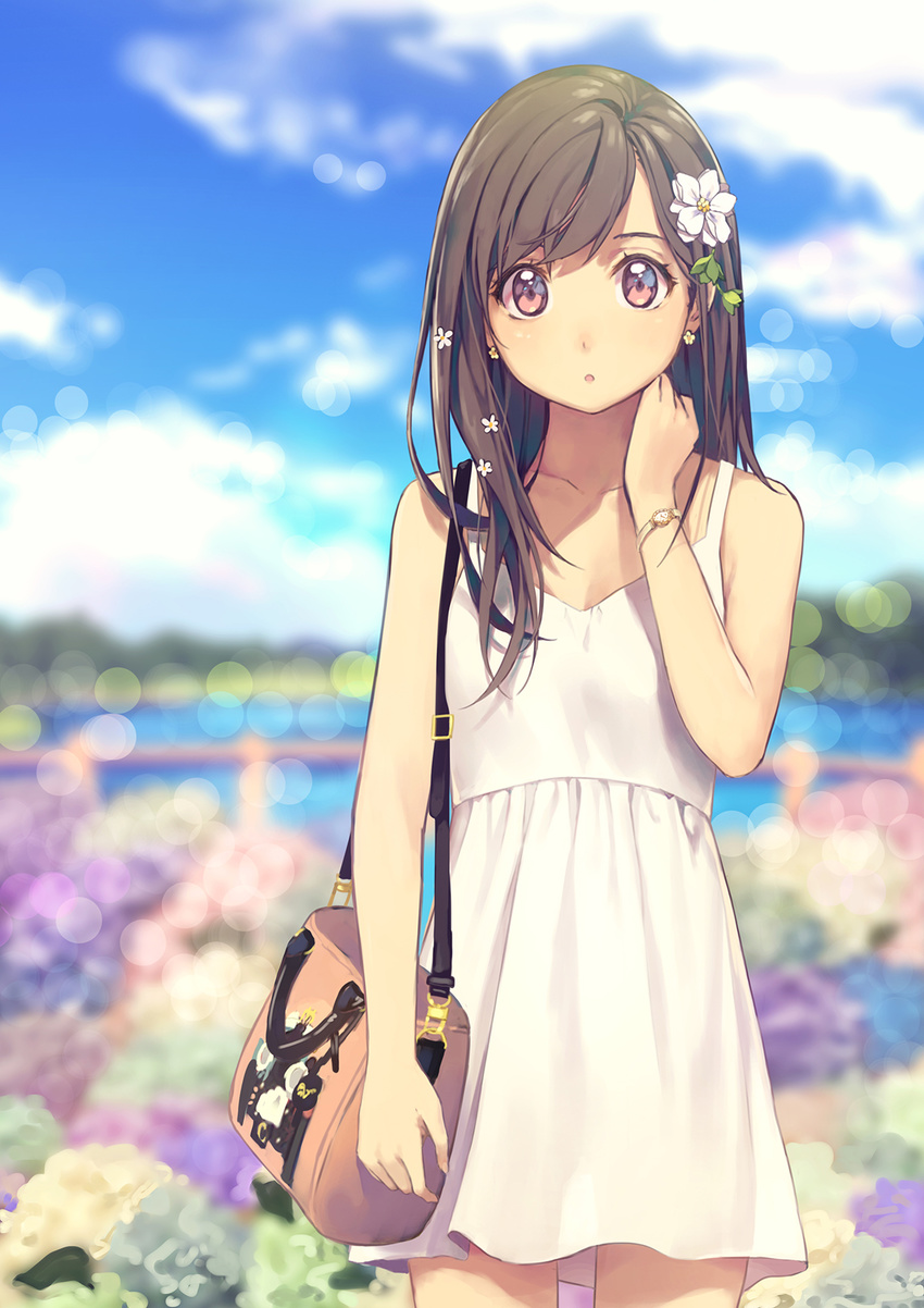 bag blurry bokeh breasts brown_eyes brown_hair collarbone cowboy_shot depth_of_field dress earrings flower flower_earrings hair_flower hair_ornament handbag highres jewelry long_hair looking_at_viewer open_mouth original small_breasts solo standing watch white_dress wristwatch yohan12