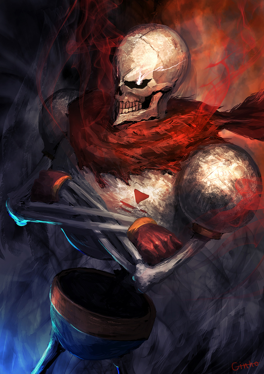 armor artist_name cowboy_shot crossed_arms ginho gloves glowing glowing_eyes highres male_focus papyrus_(undertale) scarf skeleton solo undertale