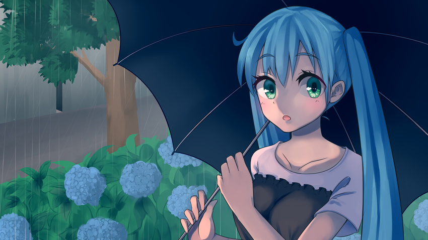 blue_hair flower green_eyes hatsune_miku highres hydrangea long_hair open_mouth raako-chan rain solo tree twintails umbrella upper_body vocaloid