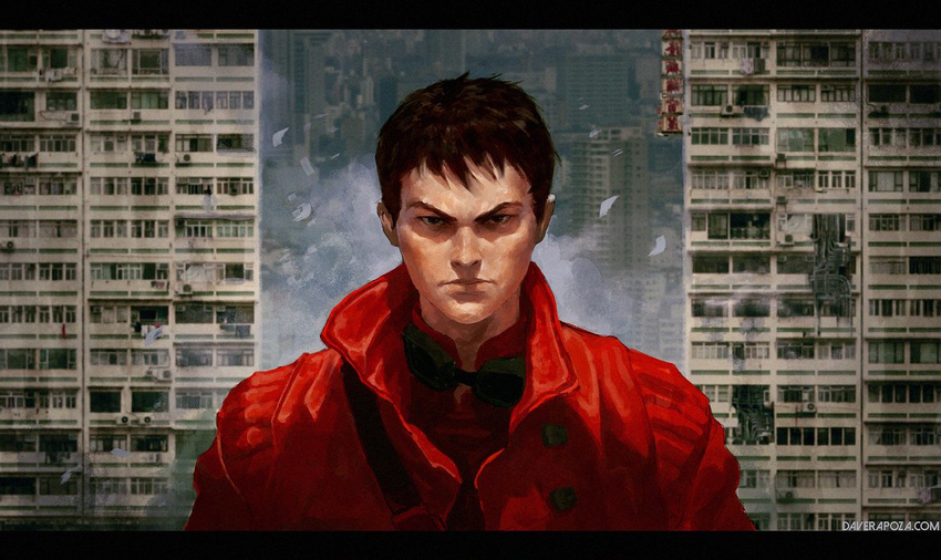 akira brown_hair building city cyberpunk damaged dave_rapoza dust goggles jacket kaneda_shoutarou letterboxed looking_at_viewer male_focus paper realistic science_fiction serious smoke solo upper_body watermark web_address