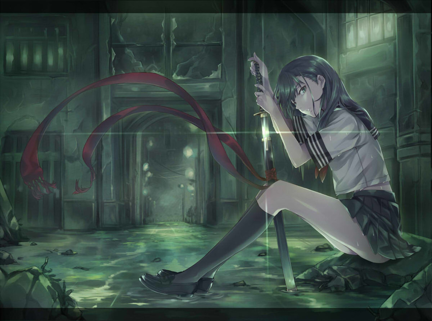 black_hair black_legwear glint kneehighs letterboxed long_hair looking_at_viewer original planted_sword planted_weapon pleated_skirt pokimari ribbon rock school_uniform serafuku shoes sitting skirt solo sword weapon wet wet_clothes