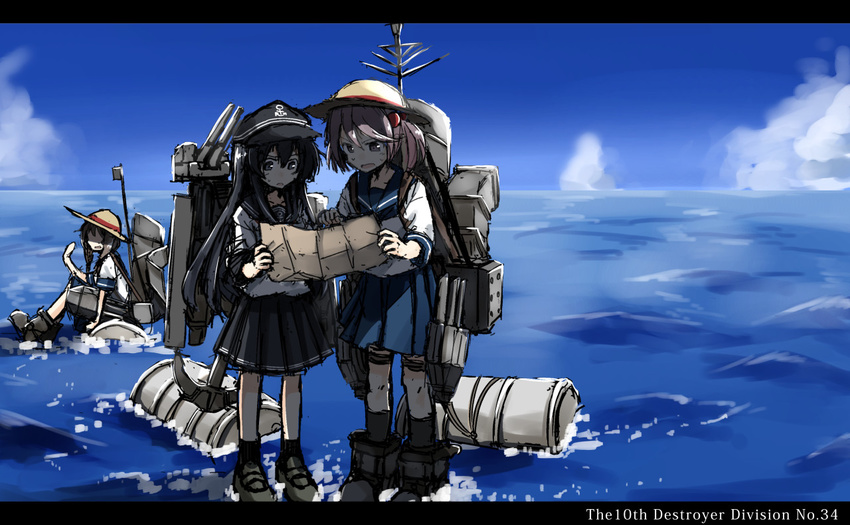 akatsuki_(kantai_collection) anchor anchor_symbol black_hair cannon commentary drum_(container) flat_cap hair_bobbles hair_ornament hat kantai_collection letterboxed long_hair machinery multiple_girls open_mouth original pleated_skirt sagiri_(usui_harusame) sazanami_(kantai_collection) school_uniform serafuku sitting skirt standing standing_on_liquid straw_hat turret twintails usui_harusame
