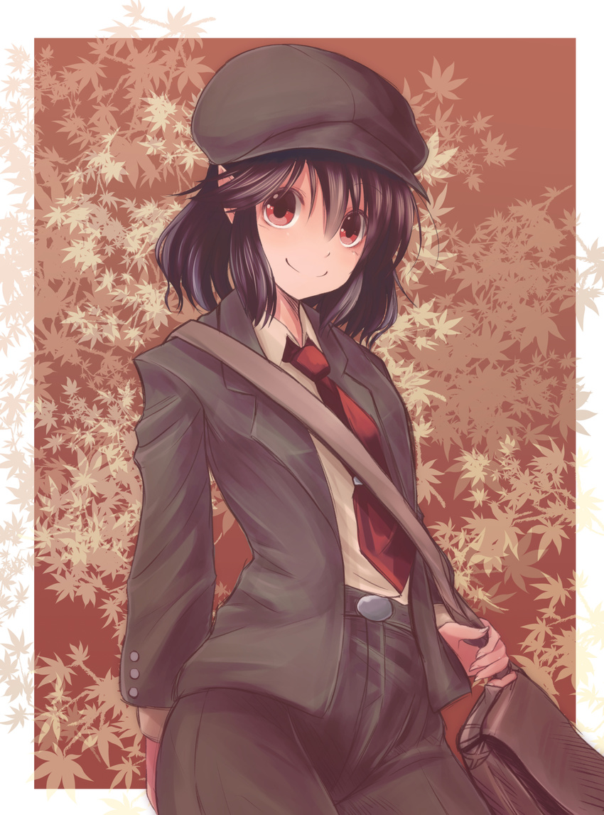 bad_id bad_pixiv_id bag belt black_hair border brown_background cabbie_hat collared_shirt contemporary cowboy_shot forbidden_scrollery hat highres hips jacket knickers leaf leaf_background long_sleeves looking_at_viewer necktie nekomiyanono outside_border pointy_ears red_neckwear satchel shameimaru_aya shirt short_hair smile solo tie_clip touhou white_border