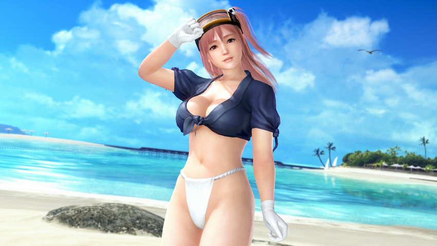 3d beach breasts dead_or_alive dead_or_alive_5 dead_or_alive_xtreme_3_fortune dead_or_alive_xtreme_beach_volleyball honoka_(doa) large_breasts looking_at_viewer midriff ocean official_art outside pink_hair shiny_hair smile solo tecmo wallpaper