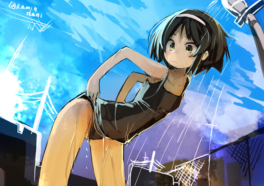 absurdres adjusting_clothes adjusting_swimsuit bare_shoulders black_hair blue_sky collarbone day hair_ornament hairband highres kaamin_(mariarose753) kantai_collection leaning_forward looking_back one-piece_swimsuit short_hair sky solo swimsuit swimsuit_pull tanikaze_(kantai_collection) twitter_username wet