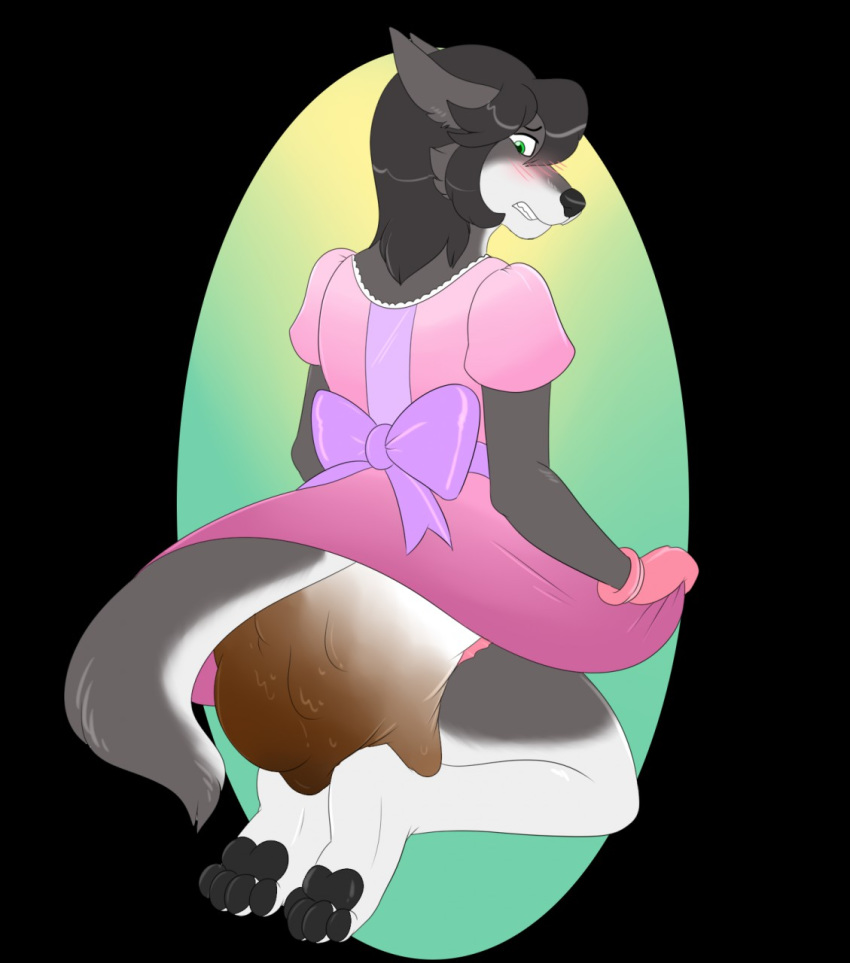 anthro biped black_nose blush canid canine canis clothing diaper dress embarrassed eyebrows feces fur hair looking_back mammal maridiamarius messy_diaper rear_view scat soiling solo teeth wolf