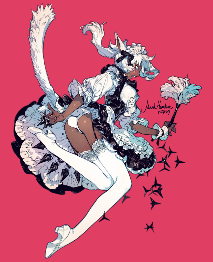 1girl animal_ears apron artist_name blue_eyes blush caltrops cat_ears cat_tail dark_skin ears_down facial_mark feather_duster final_fantasy final_fantasy_xiv frills garter_straps highres kunai lace lace-trimmed_thighhighs long_hair maid maid_apron maid_headdress miqo'te miqo'te one_leg_raised panties pantyshot pigeon666 pink_background ponytail profile pumps scar shuriken skirt solo tail thighhighs underwear weapon white_hair white_legwear