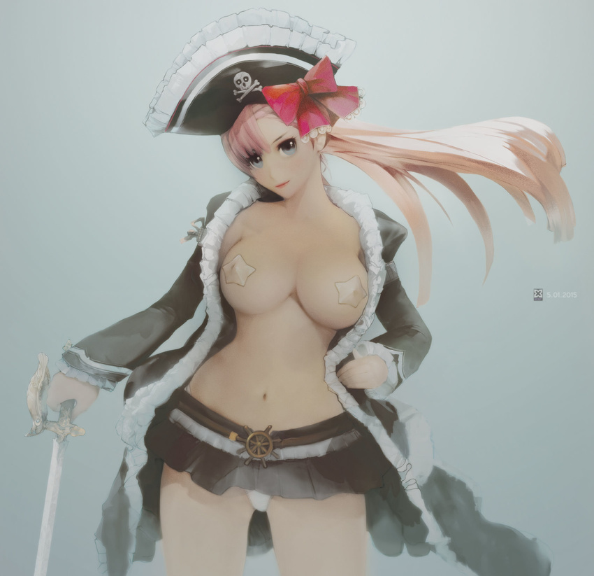 bangs belt blue_eyes breasts captain_liliana captain_liliana_(cosplay) coat contrapposto dated hand_on_hip hat katou_marika large_breasts long_hair looking_at_viewer microskirt miniskirt_pirates panties pantyshot pasties pink_hair pirate pleated_skirt plus_nine plusnine queen's_blade queen's_blade_rebellion simple_background skirt skull_and_crossbones solo star_pasties sword weapon white_panties