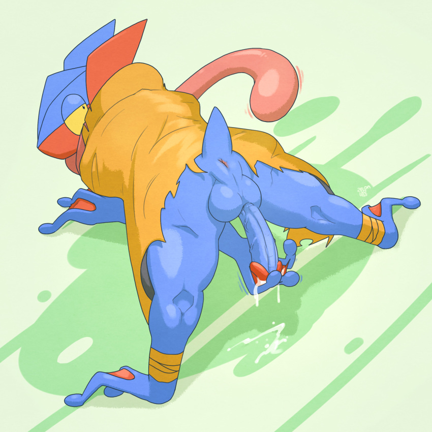 2019 2_toes anthro anus argon_vile balls blue_body cloak clothing cum cum_in_hand cum_on_ground erection fan_character green_background greninja gunso_(tderek99) hi_res humanoid_penis long_penis long_tongue looking_at_viewer looking_back male nintendo penis pok&eacute;mon pok&eacute;mon_(species) rear_view signature simple_background solo toes tongue vein veiny_penis video_games webbed_feet webbed_hands