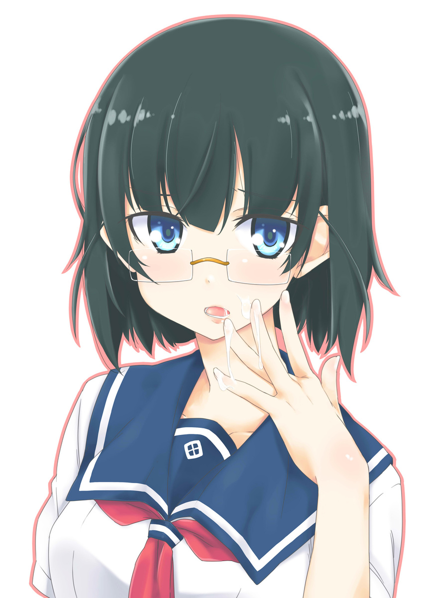 bad_id bad_pixiv_id black_hair blush cum_in_hands facial glasses haruchika highres itou_ayachi open_mouth school_uniform serafuku serizawa_naoko short_hair solo upper_body