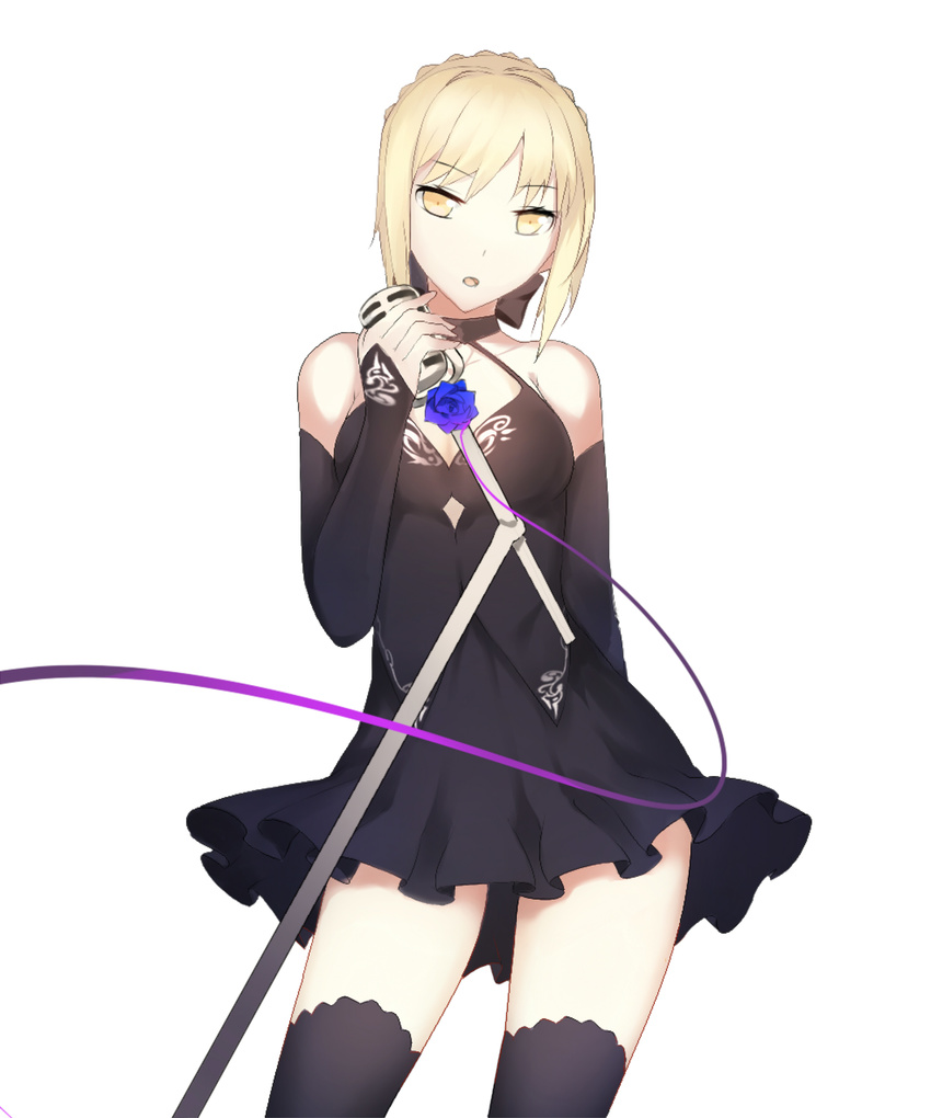 absurdres artoria_pendragon_(all) black_dress black_legwear blonde_hair collar collarbone detached_sleeves dress fate/stay_night fate_(series) highres holding holding_microphone horz microphone saber_alter simple_background solo thighhighs white_background yellow_eyes