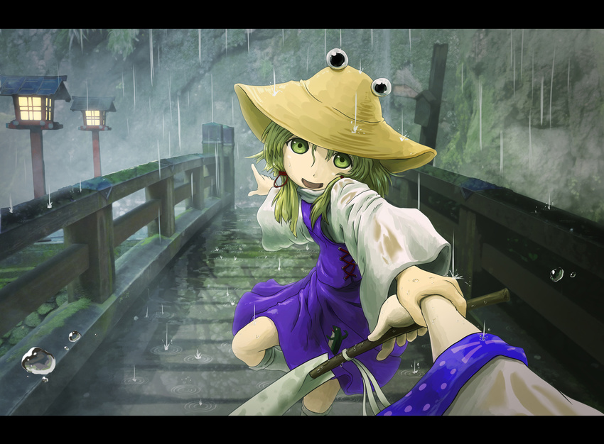 blonde_hair bridge dochaku gohei hair_tie highres kochiya_sanae lantern leg_up letterboxed looking_at_viewer moriya_suwako moss multiple_girls open_mouth out_of_frame pointing pov pov_hands pulling purple_skirt purple_vest rain rock short_hair skirt smile stone touhou turtleneck vest water water_drop wide_sleeves wooden_lantern wrist_grab yellow_eyes