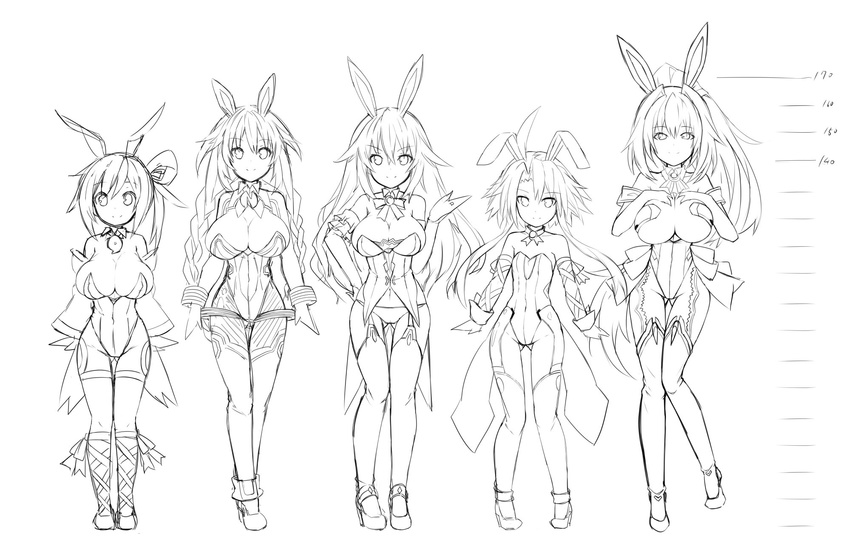 ahoge animal_ears bare_shoulders black_heart bow bowtie braid breasts bunny_ears bunny_girl bunnysuit choujigen_game_neptune cleavage detached_collar fake_animal_ears gene_(gear_gene) green_heart greyscale hair_ornament highres large_breasts leotard lineup long_hair looking_at_viewer monochrome multiple_girls neptune_(series) ponytail purple_heart red_(choujigen_game_neptune) short_hair_with_long_locks sketch twin_braids very_long_hair white_background white_heart wrist_cuffs