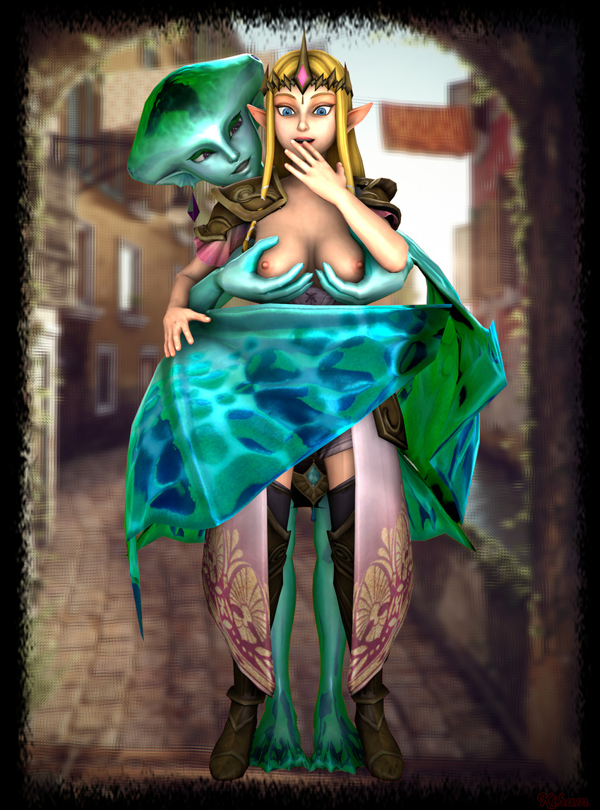 3d blonde_hair breasts multiple_girls princess_ruto princess_zelda the_legend_of_zelda