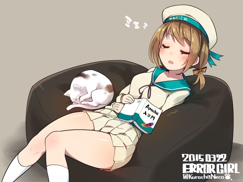 animal bangs batsubyou bean_bag_chair blush book breasts brown_hair cat character_name closed_eyes clothes_writing dated error_musume girl_holding_a_cat_(kantai_collection) hair_ornament hair_ribbon hat highres humanization kantai_collection kneehighs knees_together_feet_apart kuro_chairo_no_neko light_brown_background long_sleeves low_twintails lying medium_breasts muji_body_fitting_sofa on_back open_book open_mouth pleated_skirt ribbon school_uniform serafuku short_hair shoshinsha_mark simple_background skirt sleeping solo twintails twitter_username white_legwear zzz