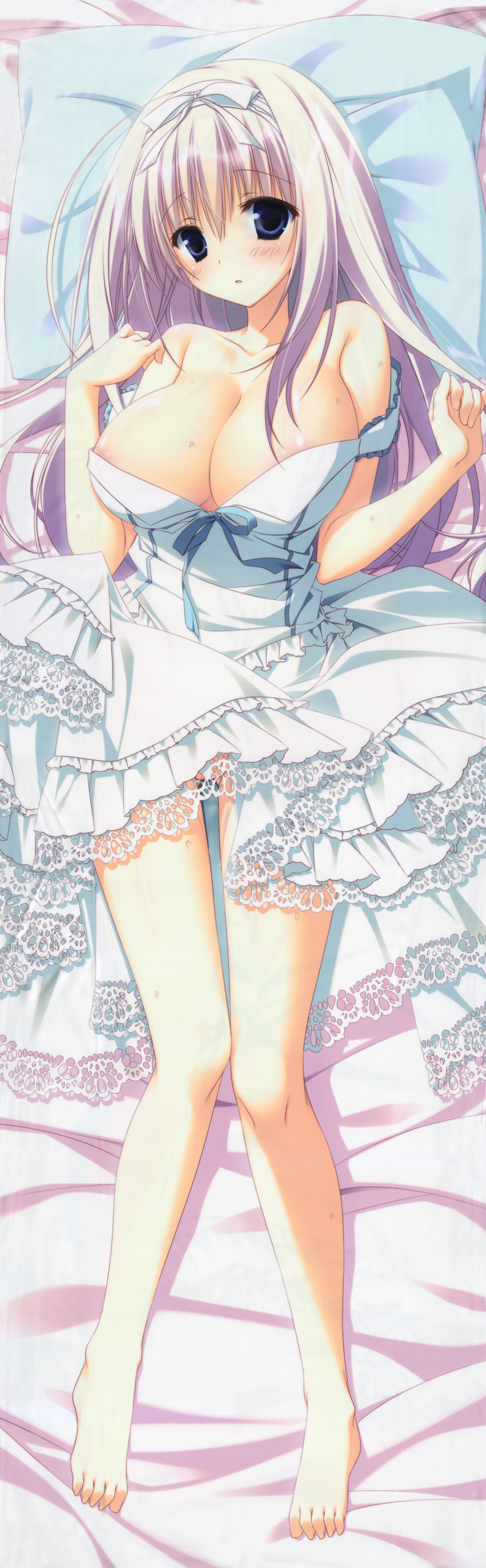 :o absurdres areola_slip areolae bare_legs bare_shoulders barefoot blonde_hair blue_dress blue_eyes blush breasts cleavage collarbone dakimakura dress eyebrows eyebrows_visible_through_hair from_above full_body hair_ribbon hairband head_tilt highres hikawa_rina huge_filesize inugami_kira large_breasts long_hair looking_at_viewer lying no_bra no_panties off-shoulder_dress off_shoulder parted_lips partially_visible_vulva pillow ribbon sakura_no_uta scan sleeveless sleeveless_dress solo