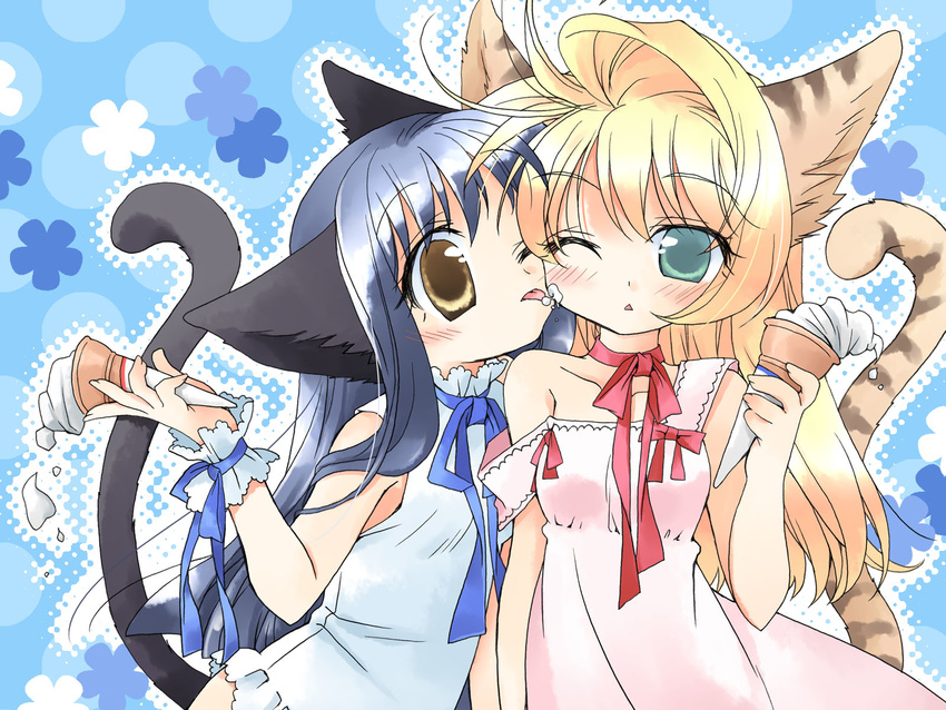 animal_ears blonde_hair blue_hair cat_ears cat_tail cheek_licking face_licking food green_eyes highres ice_cream licking long_hair multiple_girls neck_ribbon nekono_osero one_eye_closed original ribbon tail triangle_mouth wallpaper yellow_eyes