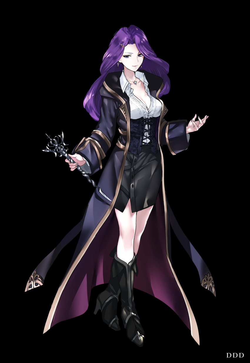 1girl absurdres black_background black_footwear black_skirt blue_eyes boots breasts cleavage closed_mouth coat collared_shirt copyright_request earrings full_body high_heel_boots high_heels highres holding jewelry large_breasts long_hair long_sleeves looking_at_viewer maruchi necklace official_art pencil_skirt popped_collar purple_coat purple_hair shirt skirt smile solo standing underbust wand wing_collar
